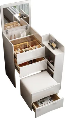 A white vanity table with a mirror, drawers, and a stool, showcasing its storage compartments and design.