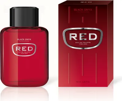 A bottle of red perfume and its packaging are displayed against a white background.