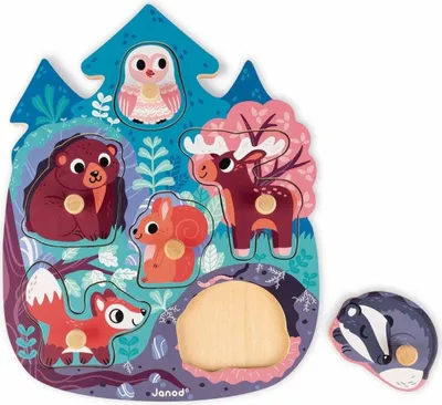 Produktbild von Janod Holzpuzzle Waldtiere - Knopfpuzzle mit 6 Teilen - Lernspielzeug