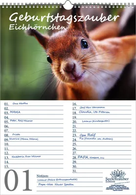 Produktbild von Geburtstagsplaner Geburtstagskalender Eichhörnchenzauber DIN A3 Kalender Eichhörnchen - Seelenzauber