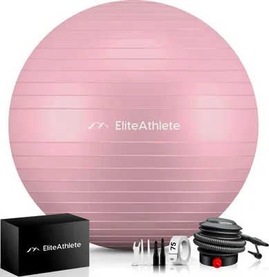 A pink exercise ball with accessories and a box.