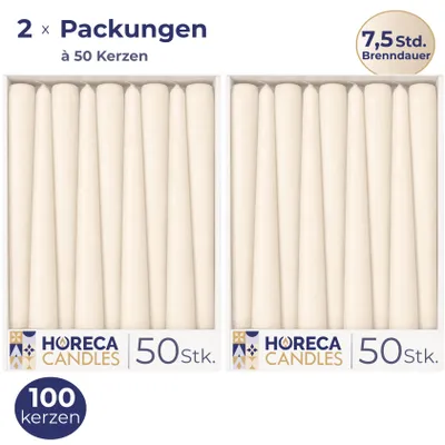 Image de HORECA CANDLES Bougies pointues ivoire, lot de 100, Ø 2,3 x 25 cm – Bougies pour bougeoirs – Durée de combustion : 7,5 h – Ne coulent pas et ne fument pas