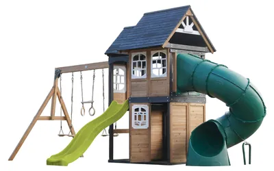 Produktbild von AXI Noud Spielturm aus Holz mit 2 Schaukeln & Rutsche in Hellgrün & Röhrenrutsche | XXL Spielhaus / Spielplatz für Kinder mit Klettergerüst & Trapez | Schaukelgerüst für den Garten