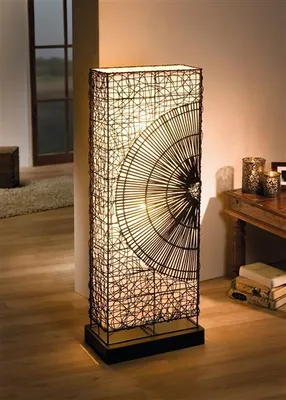 Produktbild von Design Stehlampe "Sonne" aus Rattan & Metall, 110 cm hoch, Deko Standleuchte