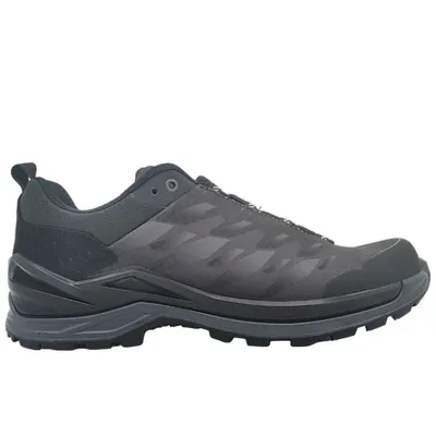 A side view of a black and gray Lowa hiking shoe against a white background.