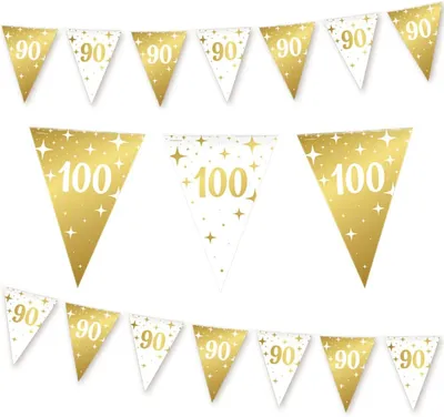 Produktbild von Girlande Q2P – Girlande zum 100. Jahrestag – Geburtstagsdekoration – Wimpelkette – Girlanden – Partydekoration – Flaggen – Weiß und Gold – 10 Meter