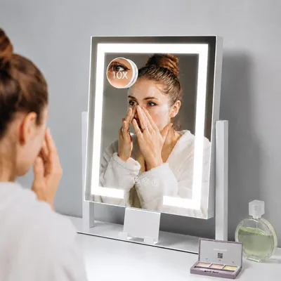 Make-up-Spiegel mit LED-Beleuchtung, 3 Farbmodi, 10-fach Vergrößerung, Weiß