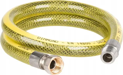 A coiled yellow gas hose with metal fittings on both ends, shown against a white background.