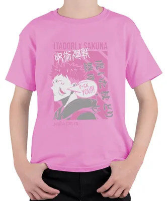 Imagen del producto de Camiseta uni para niños, color rosa, con diseño de anime Jujutsu Kaisen, con la imagen de Itadori Yuji y Sakuna, talla 140