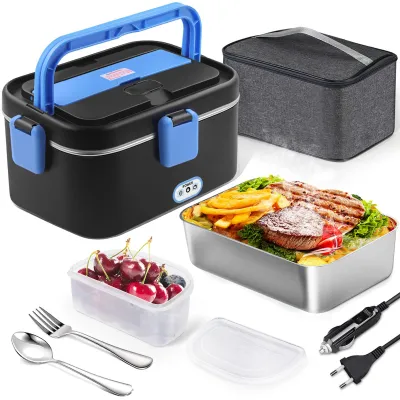Elektrische Lunchbox 1,8 l, 12/24/220 V, 80 W, Edelstahl, Schwarz-Blau
