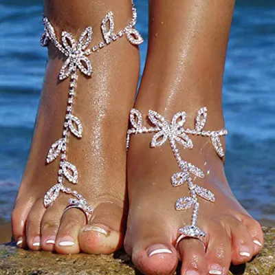 Produktbild von Verstellbare, verlängerte Kette für Damen, Fußkettchen, glänzende Strass-Blätter, Fußkette mit Zehenring, Fußschmuck