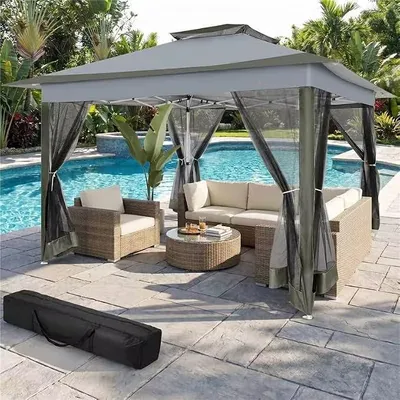 Produktbild von Pavillon 3x3 Wasserdicht Stabil Faltpavillon, Pop up Gartenpavillon mit Seitenwänden Moskitonetz,Party Zelt,Doppeldach Pavillon faltbar für Garten, Dunkelgrau