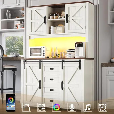 Zdjęcie produktu dla Szafki kuchenne (115 × 40 × 175 cm), wysokie kredensy kuchenne, kredensy, szafki kuchenne z drzwiami przesuwnymi i oświetleniem LED, czarno-białe