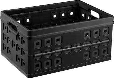 A black folding storage crate is shown from a three-quarter angle.