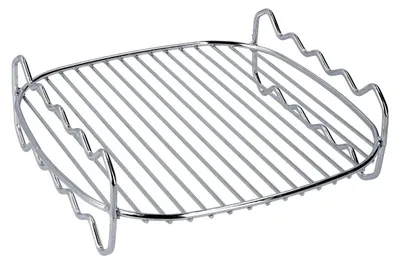 A silver metal grill rack for an air fryer, shown from a diagonal angle against a white background.