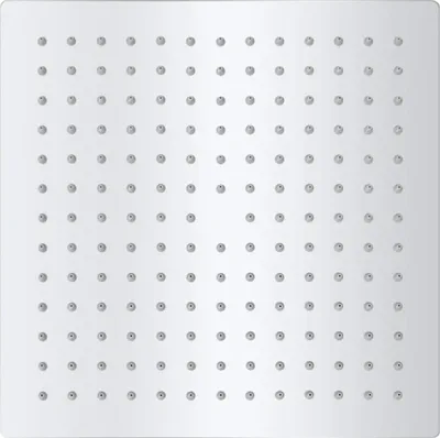 A square shower head with multiple nozzles, viewed from directly above.