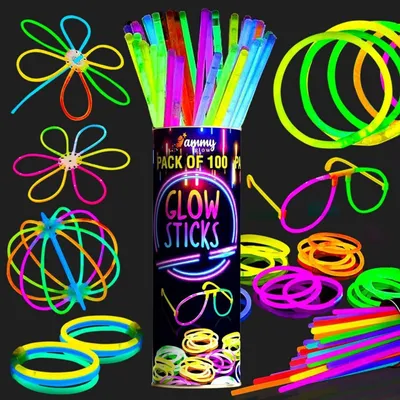 Produktbild von 100er Set Leuchtstäbe bunt mit Armband- und Ball-Connectors, Neon Partylicht Sticks, wasserfest, langlebig, Knicklicht für Kinder & Erwachsene