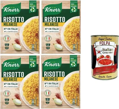 Produktbild von Knorr Risotto Alla Milanese,fertiges Risotto mit natürlichen Zutaten,100% italienischem Reis und Chicci al Dente, zubereitet in der Pfanne oder in der Mikrowelle, 4x175 g+Italian Gourmet polpa 400g