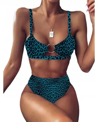 Immagine prodotto di Costume da bagno - Donna - Due pezzi - Bikini allacciato - con push-up - per prendere il sole - Moda mare - Verde con stampa leopardo - L