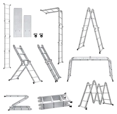 Produktbild von 340 cm Mehrzweckleiter Klappleiter Gelenkleiter mit Plattform Aluminium Multifunktionsleiter Kombileiter 6 in 1 Anlegeleiter Stehleiter - 4x3 Stufen, Silber