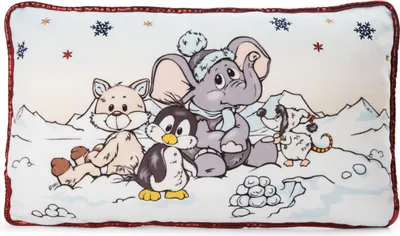 A cartoon illustration of an elephant, penguin, fox, and dog sitting in the snow with snowflakes falling.