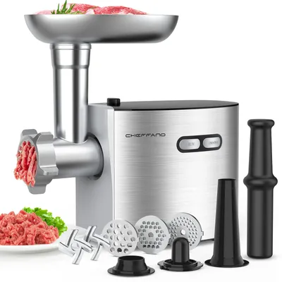 Produktbild von CHEFFANO 2600W Elektrischer Fleischwolf, 4-in-1 Multi Fleischmühle mit 3 Edelstahl-Schleifplatten, 2 Kegel-Klingen, Küche Wurstfüller & Kubbe