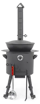 Produktbild von Utschak Feuerofen Ø 40 cm + Gusseisen-Kasan 12 L, runder Boden + Küchenzubehör, Usbekischer Kochtopf aus Gusseisen