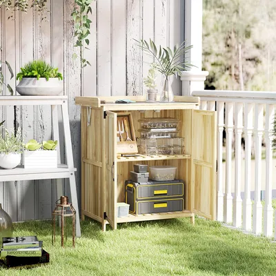 Produktbild von Sweiko Gartenschrank, Werkzeugschrank für den Außenbereich, mit Arbeitsfläche, Holz und Edelstahl, Doppeltüren, Naturholz