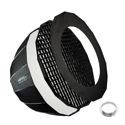 Produktbild von Walimex pro Studio Parabolic Softbox 120cm + Elinchrom Adapter 15,2cm, 360°, Schirmfunktion, inkl. Grid, Maske, Bowens Adapter und Transporttasche, ideal für Porträts und Beauty-Aufnahmen