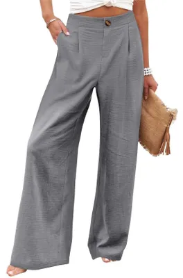Image de Pantalon ample pour femmes ASKSA, jambes larges, taille haute, pantalon d'été léger, modèle palazzo, coupe ample, pantalon de loisirs décontracté avec poches, couleur gris