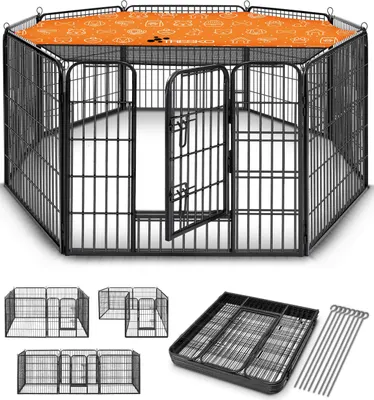 Obrázok produktu pre TRESKO® Ohrádka pre šteňatá 80 cm vysoká vrátane 8x kotiev do zeme | výbeh pre šteňatá 8-dielny | ohrádka pre psov skladacia s dvierkami | montáž bez náradia | ohrádka pre zvieratá odolná voči poveternostným vplyvom