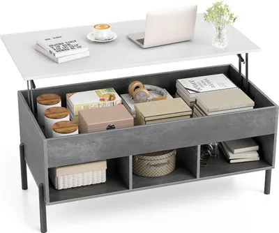 Produktbild von COSTWAY Couchtisch Höhenverstellbar, Beistelltisch mit Tischplatte & 3 Fächern, Wohnzimmertisch aus Holz mit verstecktem Fach, Kaffeetisch, Grau