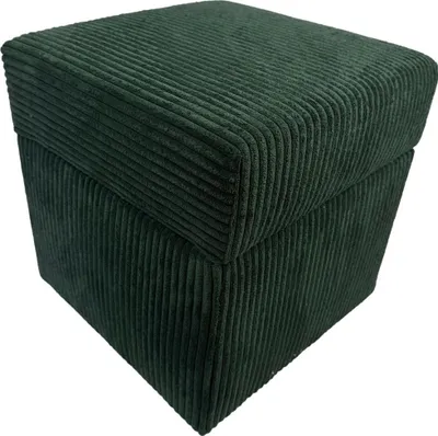 A dark green corduroy ottoman is shown against a white background.