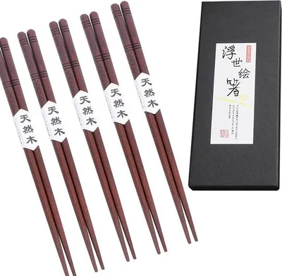 Obrázok produktu pre Tmavé prírodné drevo, paličky na sushi, opakovane použiteľné, krabička s 5 prémiovými pármi