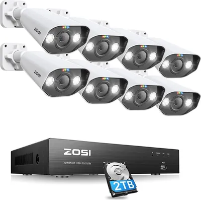 A set of surveillance cameras and a network video recorder are displayed against a white background.