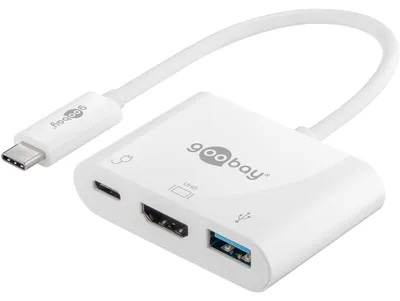 Imagen del producto de Adaptador multipuerto USB-C de Goobay, con salida HDMI y carga PD, color blanco, 0,15 m