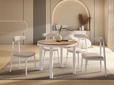 Produktbild von Runder Ausziehbarer Esstisch mit Weißem Metallgestell – Tisch mit Weißen Metallbeinen im Loft-Stil – Platzsparender Tisch für Wohnzimmer, Esszimmer oder Küche – Craft Eiche – 100 bis 180 cm
