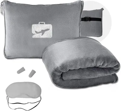 Produktbild von Reisedecke mit Kissen 155 x 130 cm, 2-in-1, Schlafmaske, Ohrstöpsel, Polyester, für Reisen, grau