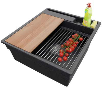Produktbild von PRIMAGRAN Spülbecken Anthrazit 48x53cm, Granitspüle 1 Becken + Ablauf-Set + Küchenzubehörset, Küchenspüle ab 50er Unterschrank - Oslo Pocket