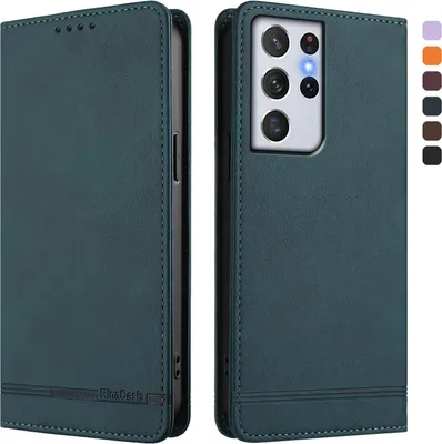 Image de Etui pour Samsung Galaxy S21 Ultra 5G, étui rétro en cuirPolyuréthaneavec support et fentes pour cartes de crédit Vert