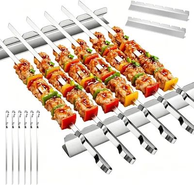 Productafbeelding van Grillspiesen set, roestvrij staal, 6 stuks, met houder en draagtas, voor BBQ