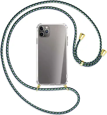 Produktbild von Handykette Backcover-Schutzhülle mit Band (Metall goldfarben) für Apple iPhone 11 Pro Max - grün/blau/weiß