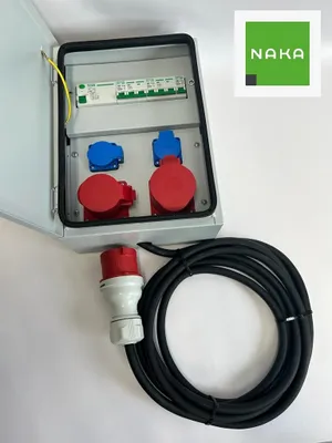 Obrázek produktu pro Kovová rozvodná skříň IP54, nástěnná rozvodná skříň CEE 32 A, 16 A, 2×230 V, s pojistkami, proudovým chráničem a kabelem 5 m, 94V-5