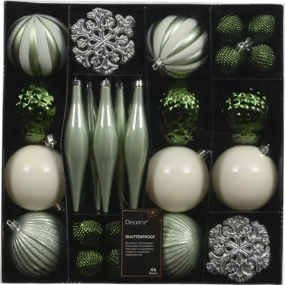 Produktbild von Decoris Weihnachtskugeln mit Baumschmuck aus Kunststoff bruchsicher Ø 8 cm grün-weiß 46 Stück