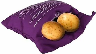 Two potatoes are shown inside a purple microwave potato bag.