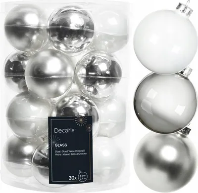 Produktbild von Set aus 20 Glas-Weihnachtskugeln, Ø 6 cm, Silber/Weiß, matt & glänzend, festlicher Glanz