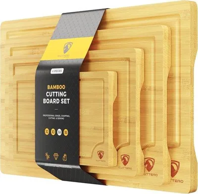 Image de Planches à découper en bambou avec rainures d'écoulement, épaisses, pour la viande et les légumes, avec poignée