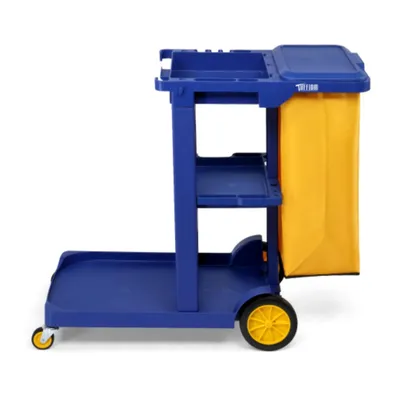 Produktbild von Dreistöckiger Reinigungswagen, traditionelle gewerbliche Ausführung, mobil, zur Aufbewahrung von Reinigungsmitteln und -geräten, Blau.