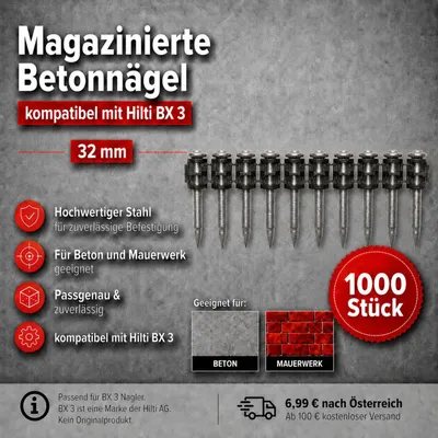 Produktbild von Betonnägel 32 mm – 1000 Stück kompatibel mit Hilti BX 3 – für Beton & Mauerwerk
