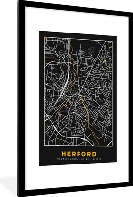 Produktbild von MuchoWow® Gerahmtes Poster Stadtplan - Karte - Herford - Gold - Deutschland - Karte 60x90 cm - Poster mit Schwarzem Bilderrahmen Wandposter Rahmen Foto Bilder - Dekoration - Wandposter Wohnzimmer - Hochwertig